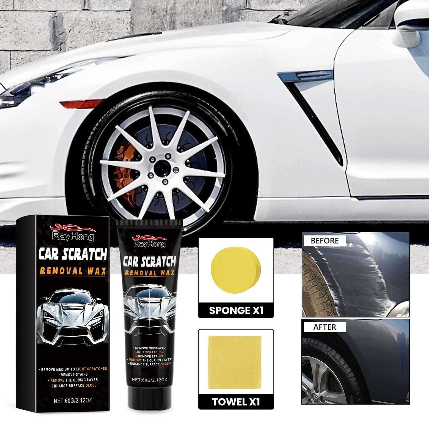 🚗✨ Professional Car Scratch Removal Wax - Restore Your Car's Showroom Shine! ✨🚗Advanced Formula Erases Years of Damage in Minutes - Complete with Professional Buffer Pad & Towel