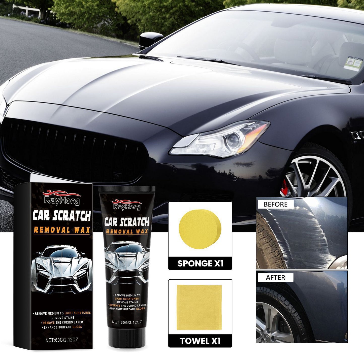 🚗✨ Professional Car Scratch Removal Wax - Restore Your Car's Showroom Shine! ✨🚗Advanced Formula Erases Years of Damage in Minutes - Complete with Professional Buffer Pad & Towel